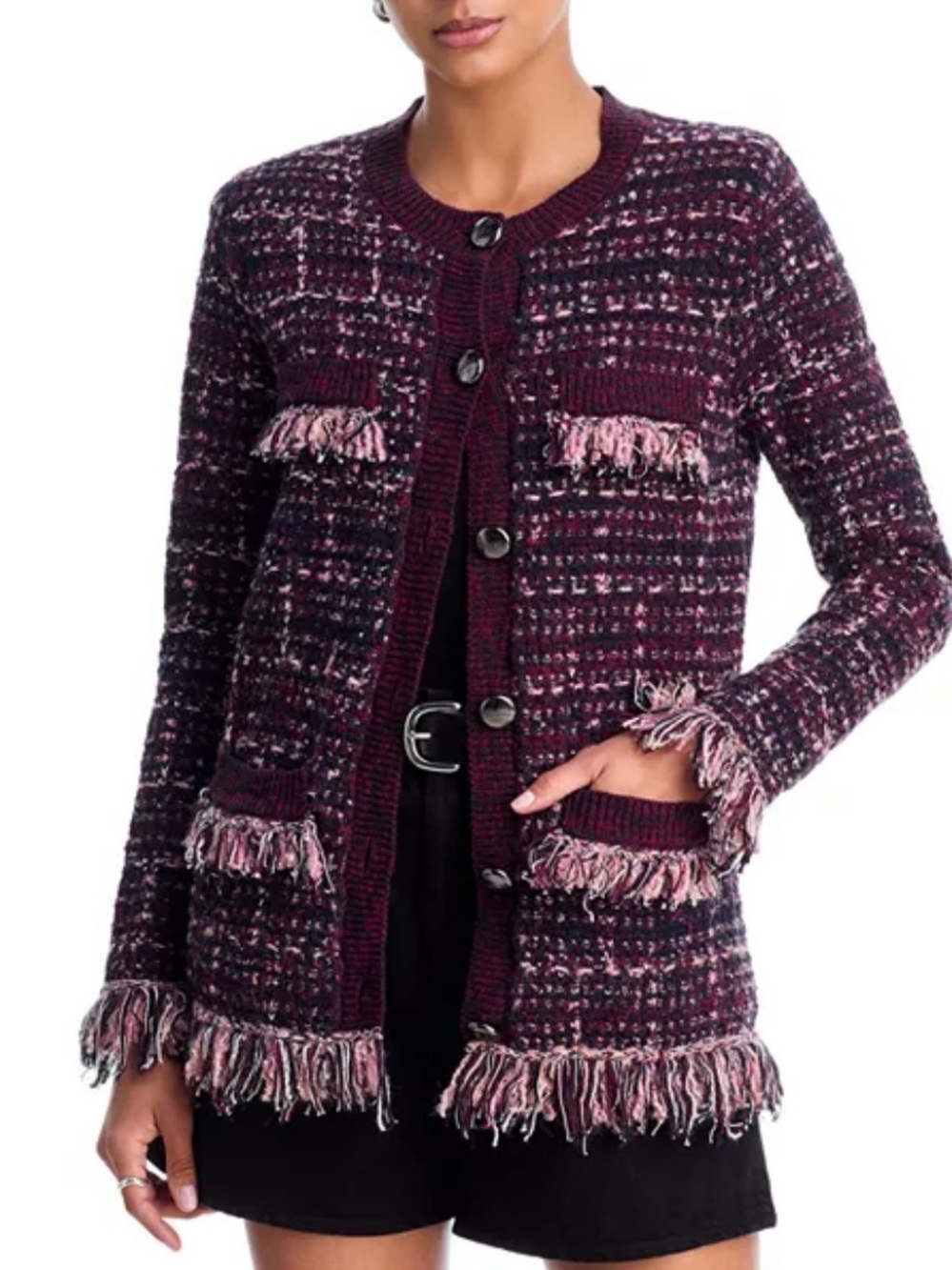 L’agence kastoria fringe trim purple Malbec cardigan tweed boucle sz M